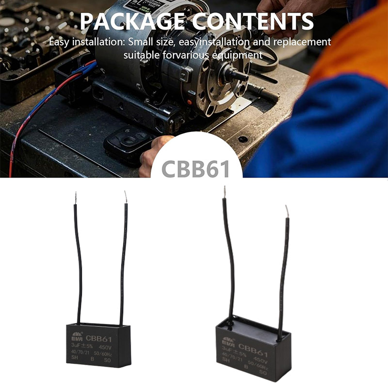 CBB61 series AC motor capacitors showing different capacitance values and lead wire configurations